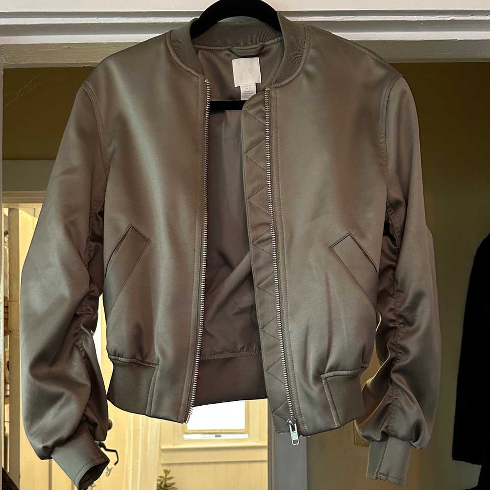 H&M Satin Bomber Jacket in Olive